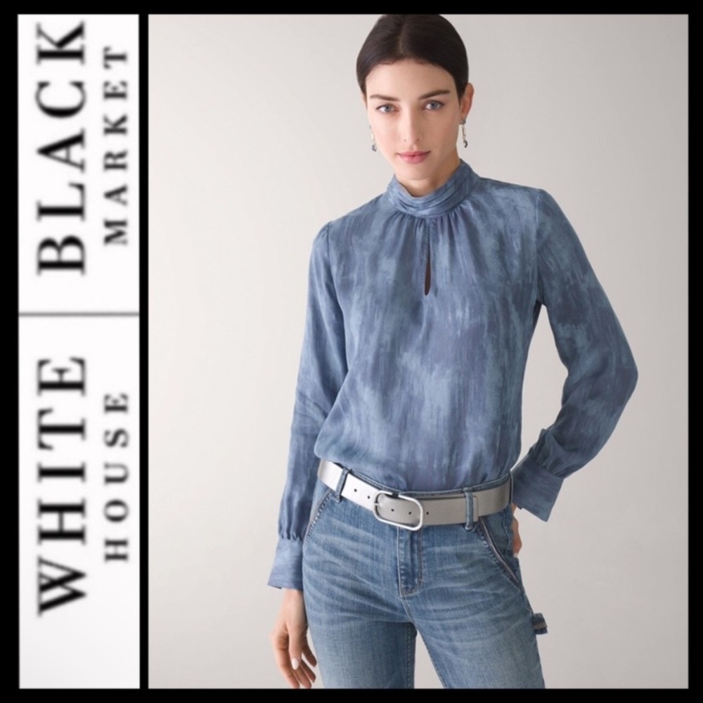 WHBM Elegant Blue Satin Mock Neck Women's Blouse size 12 - Picture 2 of 10